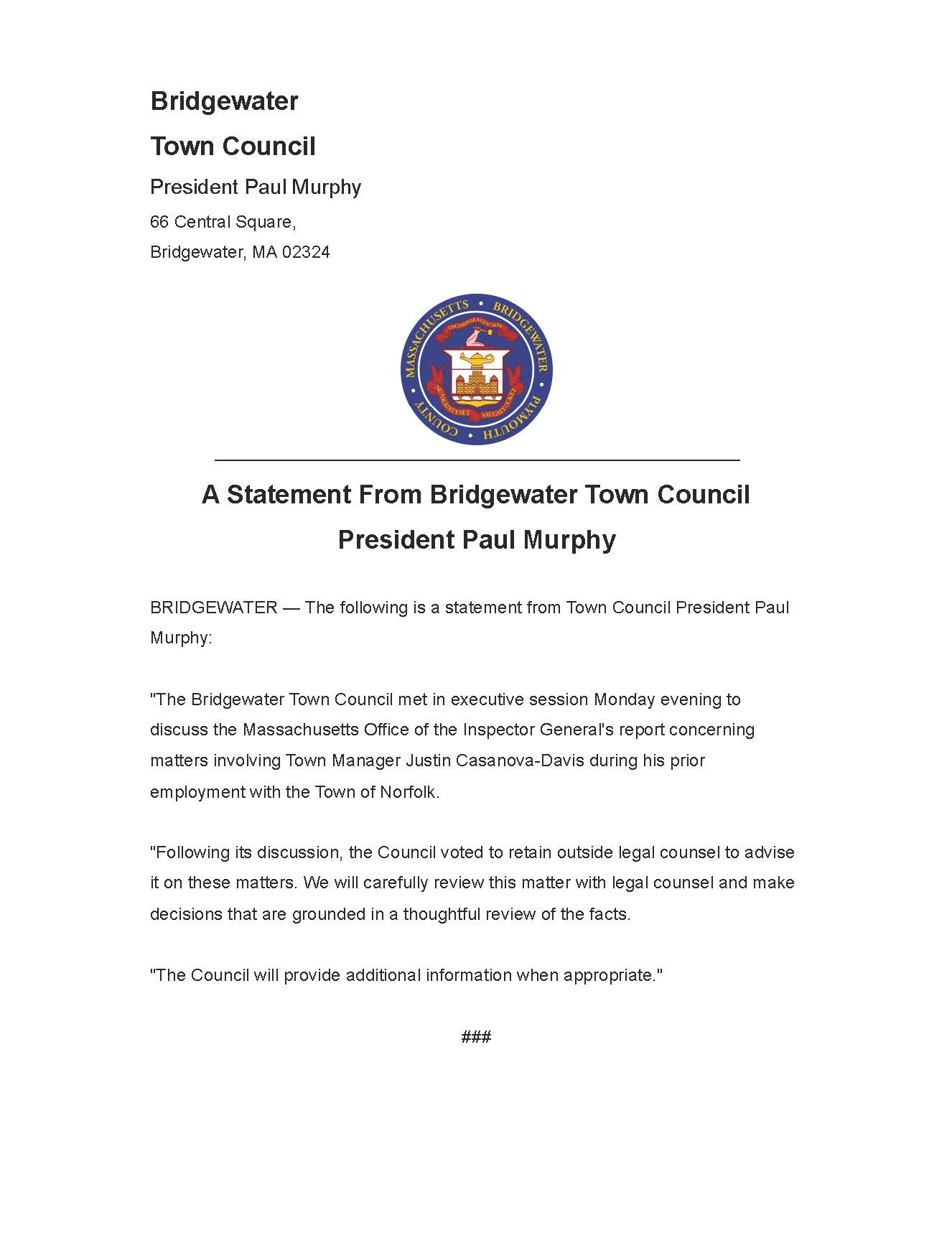 A Statement From Bridgewater Town Council President Paul Murphy